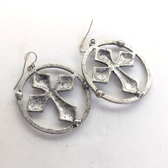 Hammered Silver Tone Maltese Cross Rhinestone Statement Hook Dangle Earrings - Picture 4 of 4